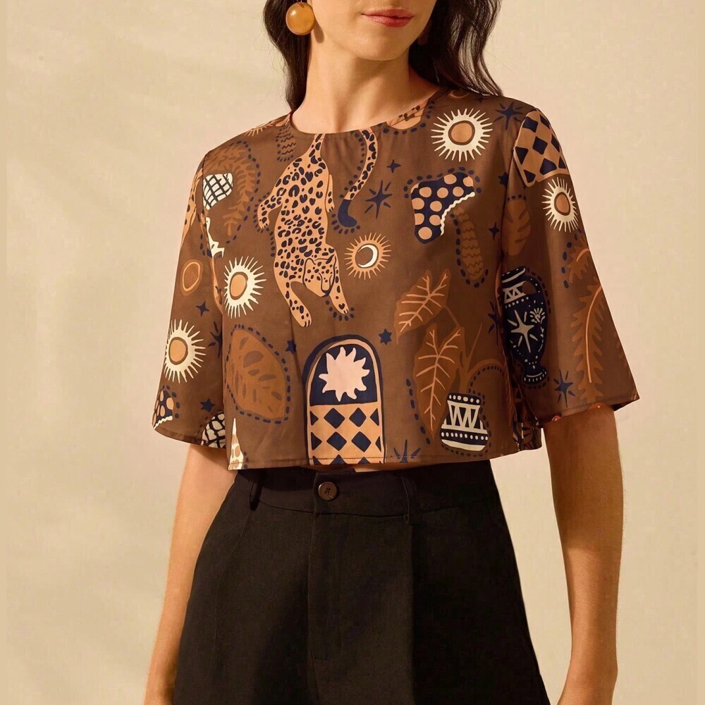 Brown Boho Print Crop Top with Cheetah & Sun Motifs